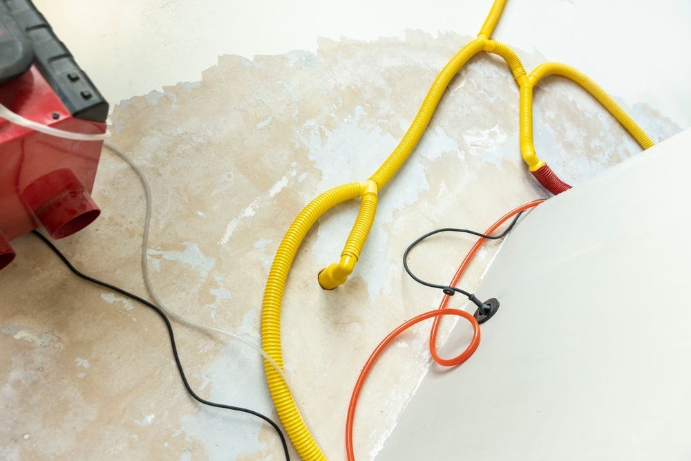A red machine on a light floor is connected to yellow tubing used for industrial floor drying and moisture removal.