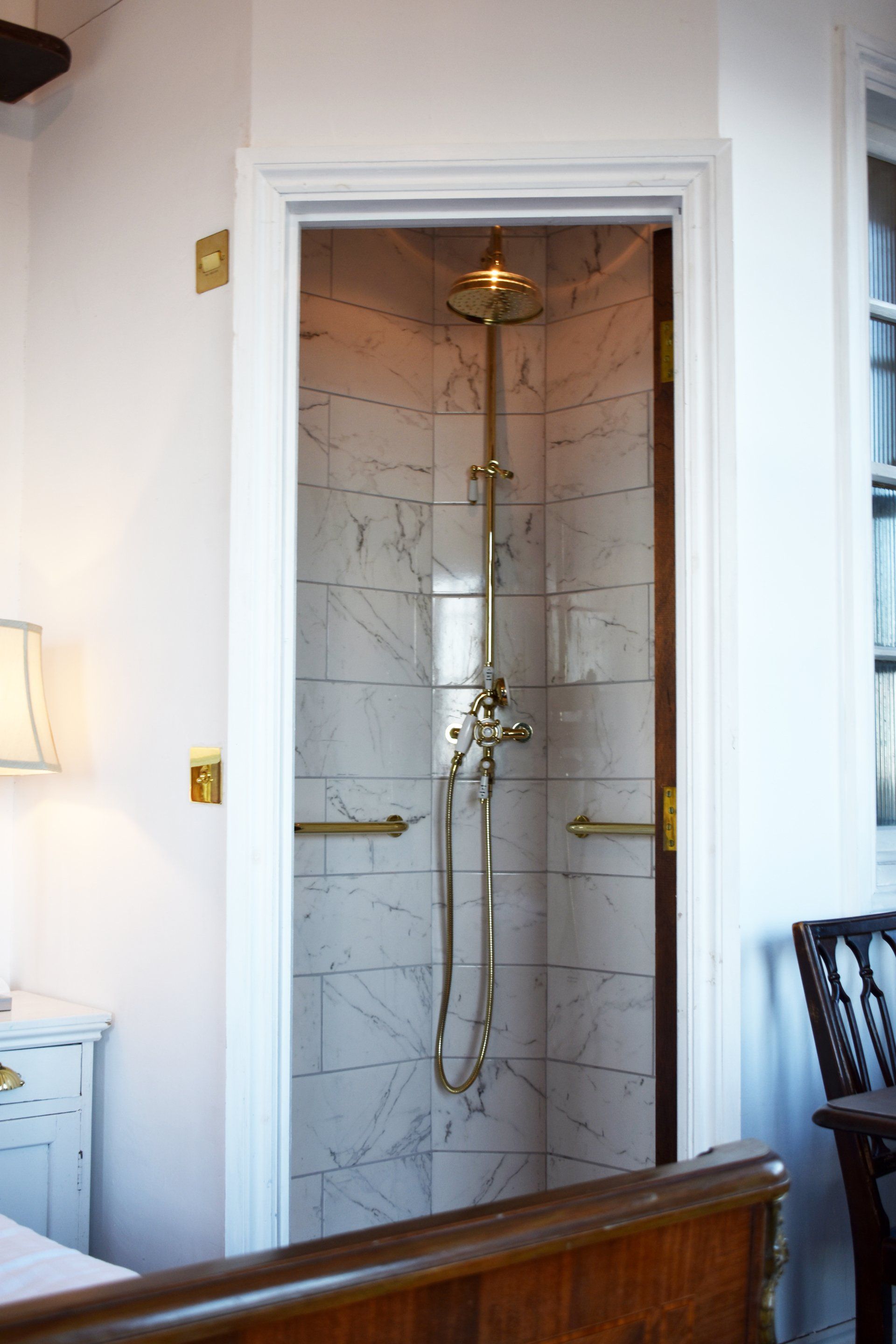 The shower room inside the lodge at the West Usk Lighthouse.