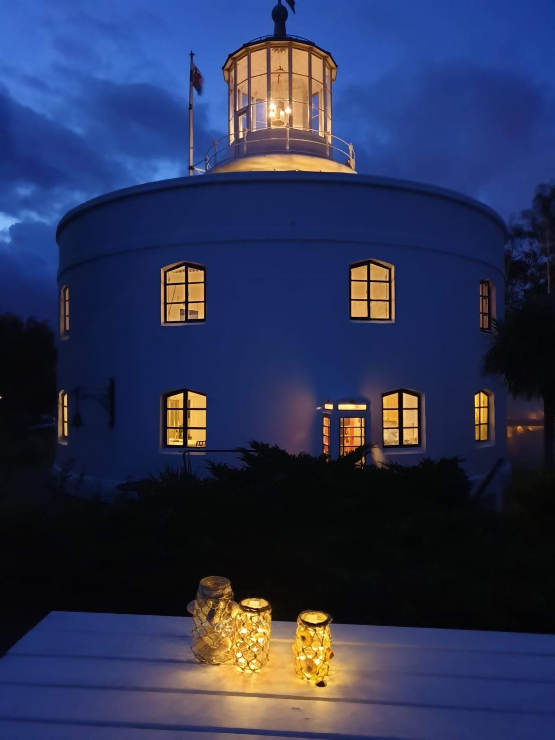 The West Usk Lighthouse at night.