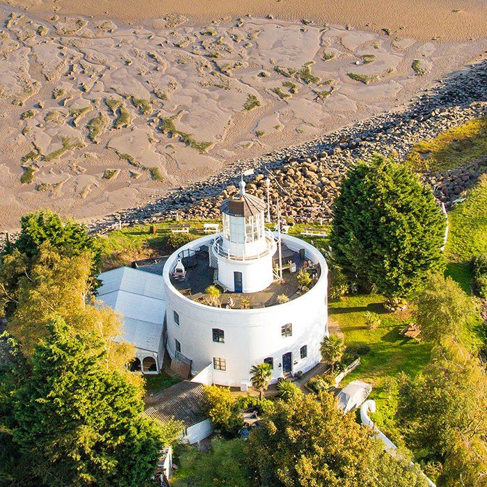 Aerial photograph of the marquee and lighthouse at the West Usk Lighthouse.