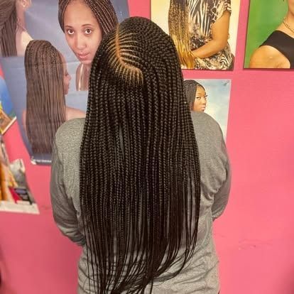 Back view of long braided hair against a pink wall with hairstyle photos.