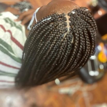 Close-up of braided hair with a center part, showing intricate dark braids.