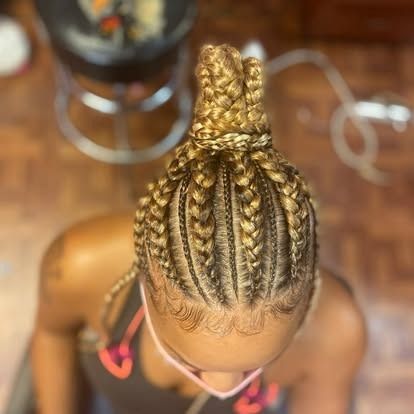 Braided hairstyle viewed from above, with intricate cornrows gathered into a bun