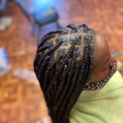 Braided hairstyle with long black braids viewed from above against a blurred indoor background
