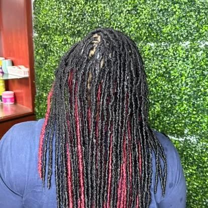 Back view of long black and pink braids against a green hedge backdrop