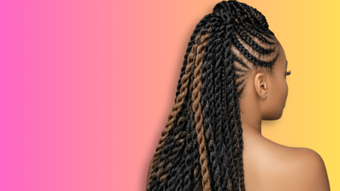Profile view of a woman with long black braids against a turquoise background