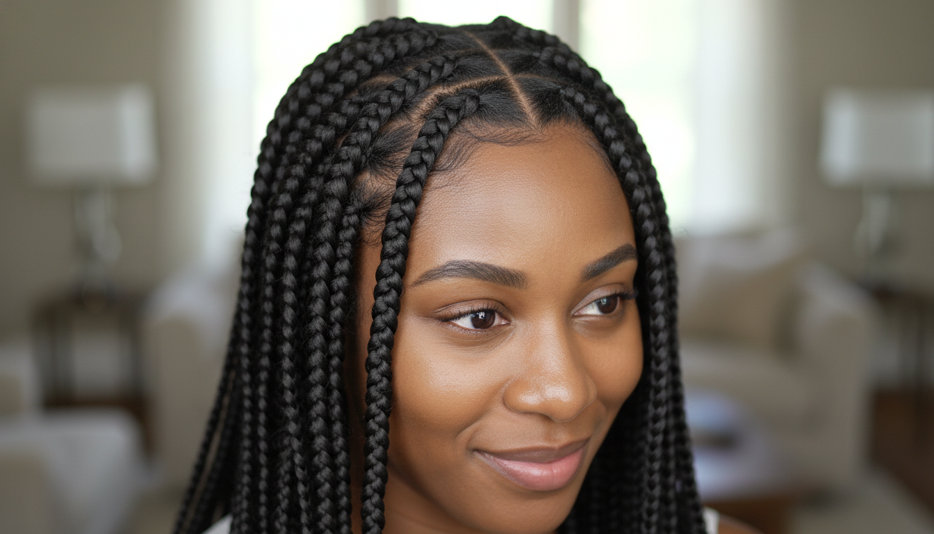 Woman with long braided hair smiling in a softly lit living room.