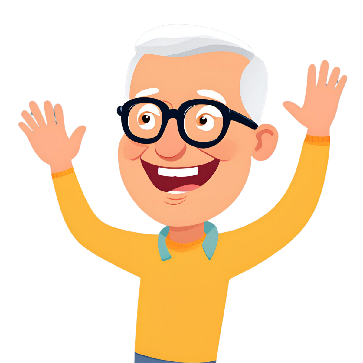 a cartoon of mike, the owner, is happy with both hands in the air. he is a gentleman with black glasses and gray hair.