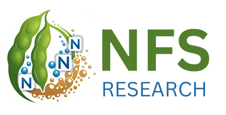 NFS Research logo: green pods, nitrogen elements, brown/blue droplets, green and blue text.