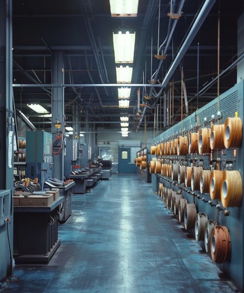 A long hallway in a factory with a lot of machinery