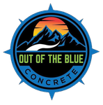 Circular blue logo with mountains, sunset, and the words “OUT OF THE BLUE CONCRETE”