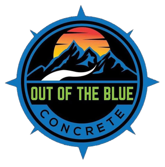 Circular blue logo with mountains, sunset, and the words “OUT OF THE BLUE CONCRETE”
