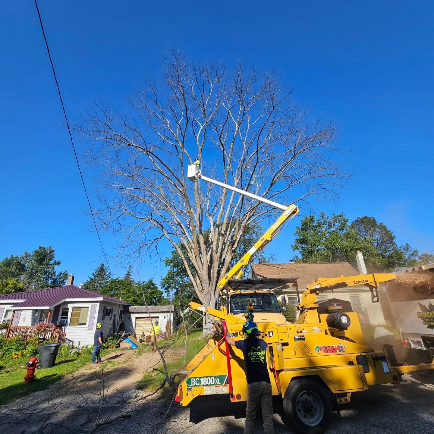 Yellow truck cutting the tree- Gaylord, MI - Stuckman Tree Service