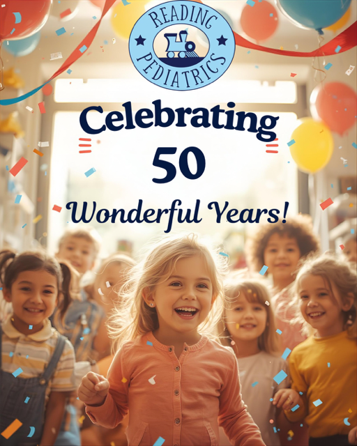 Reading Pediatrics poster with balloons and children, celebrating 50 wonderful years.