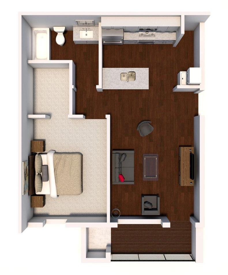 3D floor plan of a small apartment with bedroom, bathroom, kitchen, and living area.