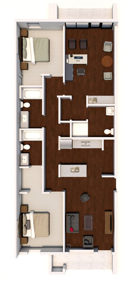 Top-down floor plan of a two-bedroom apartment with kitchen, living area, bath, and balcony.