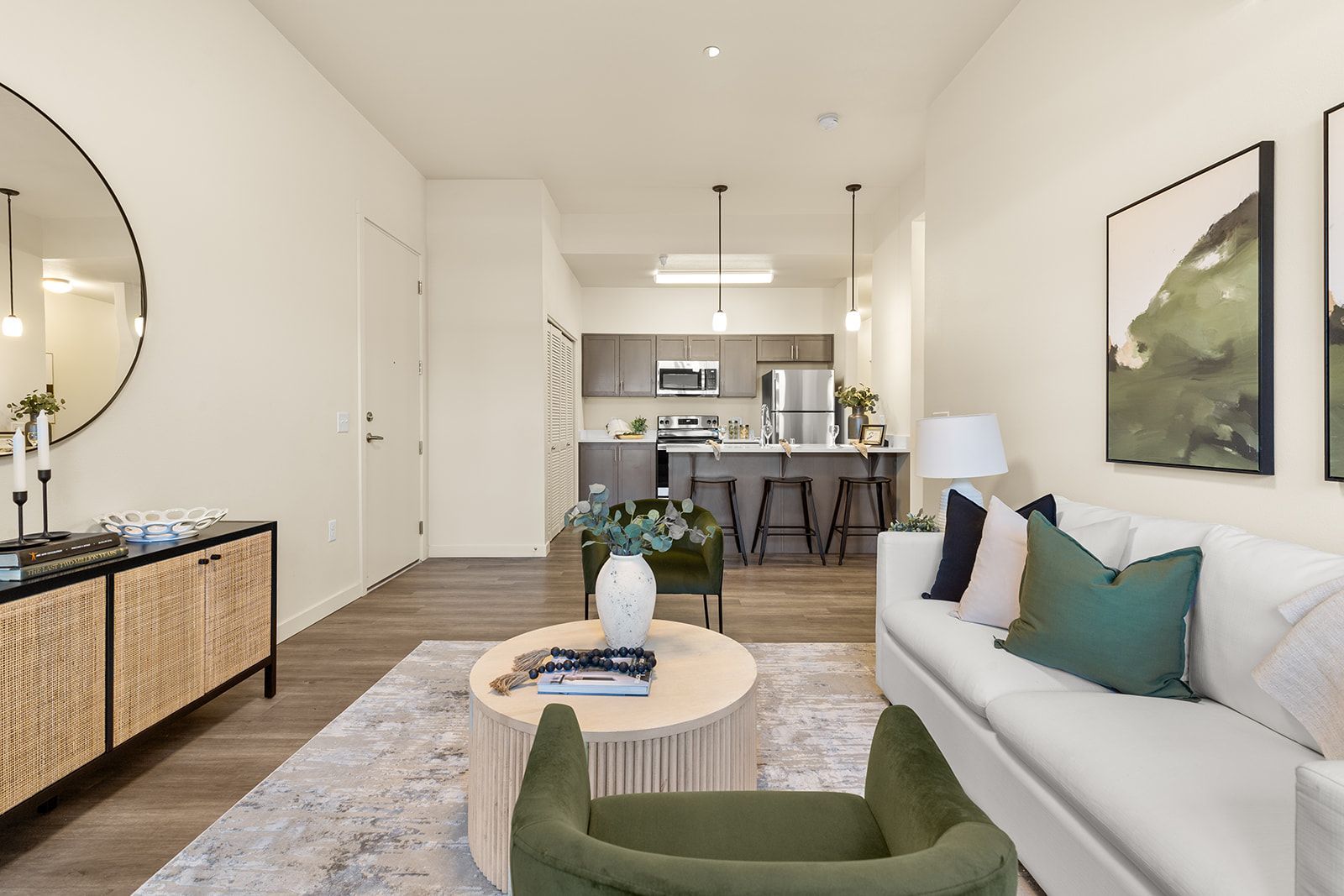 Bright modern living room with sofa, coffee table, rug, and open kitchen in the background