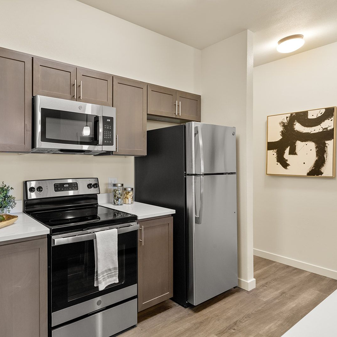Modern kitchen with stainless steel appliances, gray cabinets, and wood-look flooring