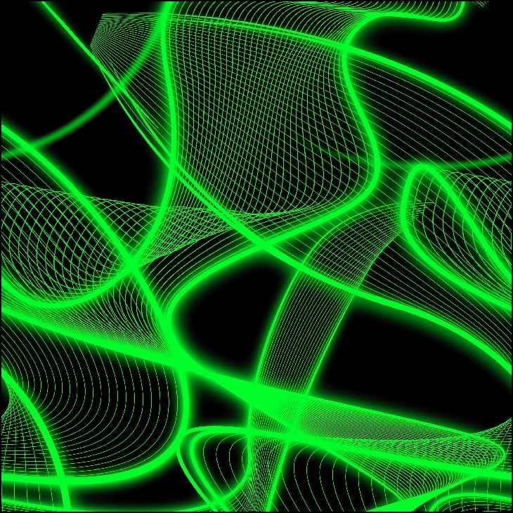 Líneas abstractas brillantes de color verde sobre un fondo negro, con un diseño similar a una malla.