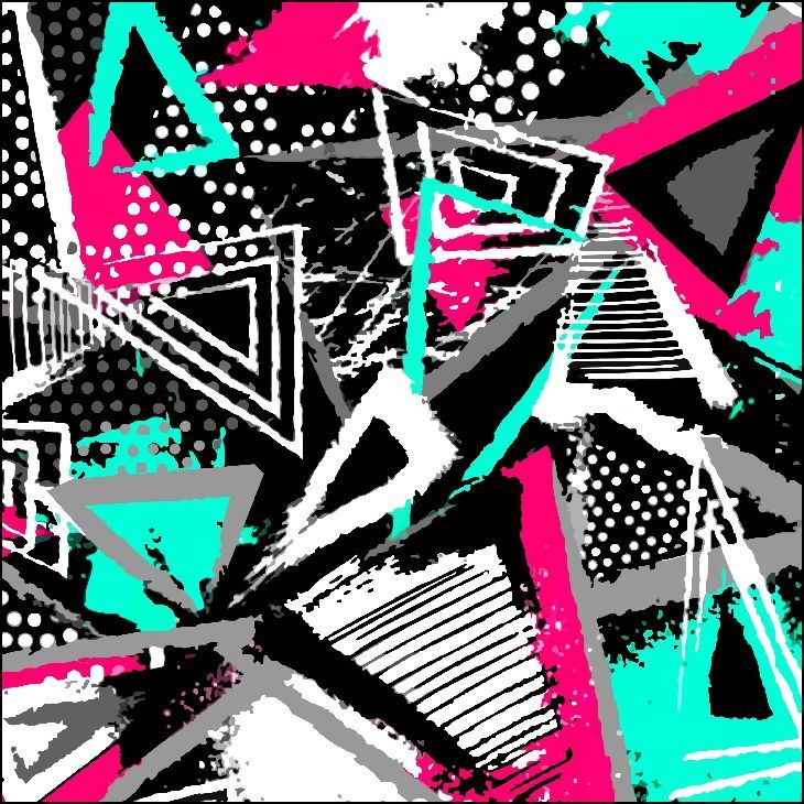 Diseño abstracto con formas geométricas superpuestas, rosa vibrante, verde azulado y gris, sobre un fondo negro.
