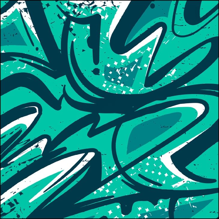 Arte de graffiti abstracto en verde azulado, blanco y azul oscuro con un fondo texturizado.