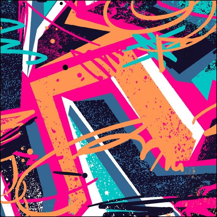 Arte de graffiti abstracto con formas superpuestas en color rosa, naranja, turquesa y blanco sobre un fondo azul oscuro.