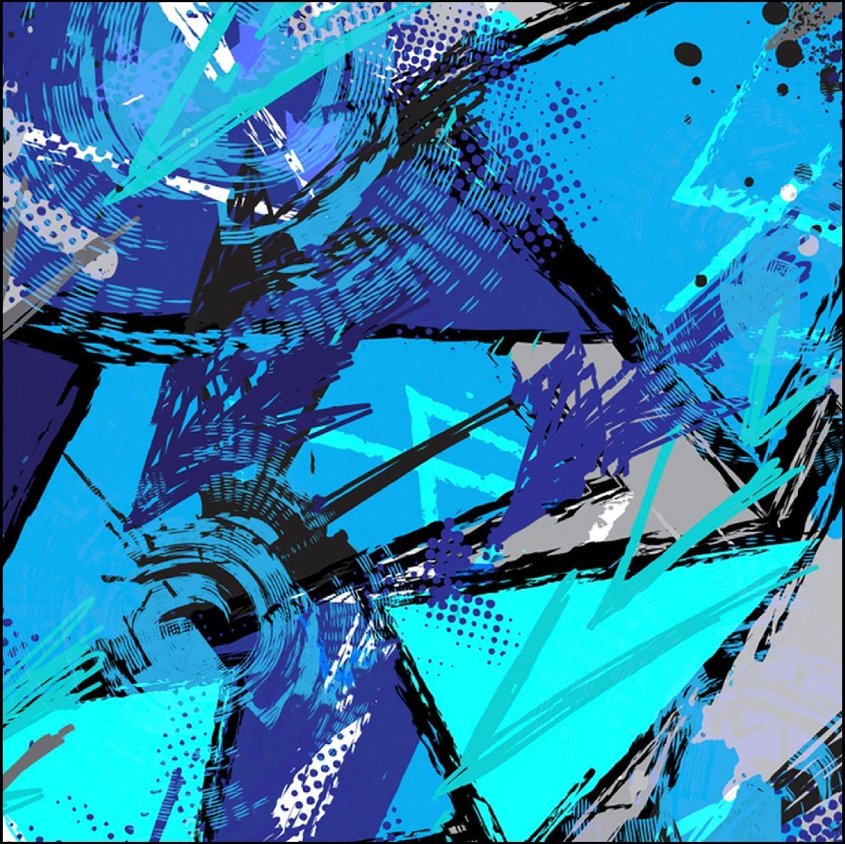 Diseño gráfico abstracto azul y negro con triángulos, pinceladas y patrones de medios tonos.