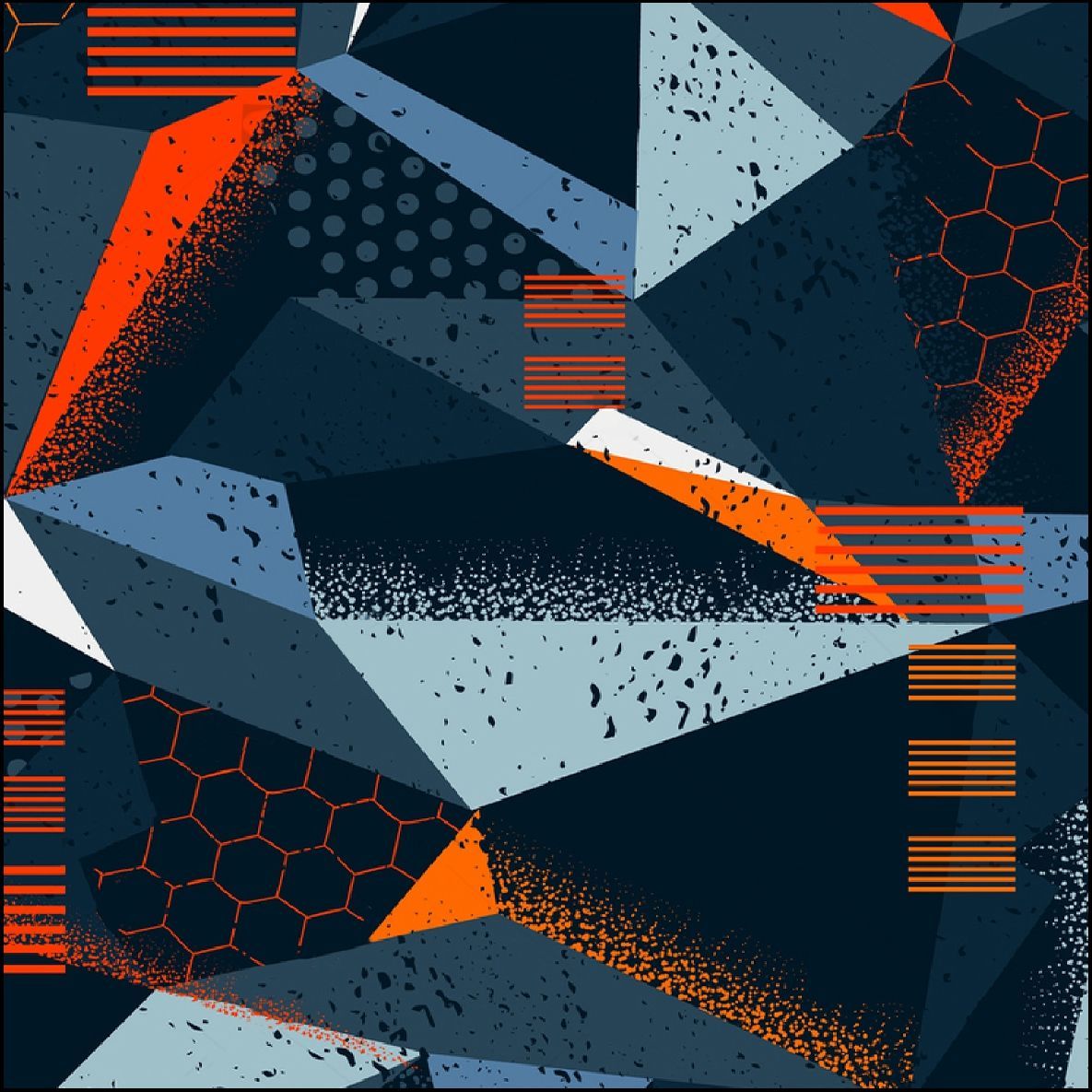 Patrón geométrico abstracto en azul marino, naranja y gris con detalles texturizados.
