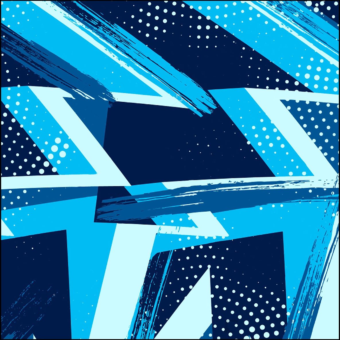 Diseño geométrico abstracto en distintos tonos de azul, con pinceladas y patrones de puntos.