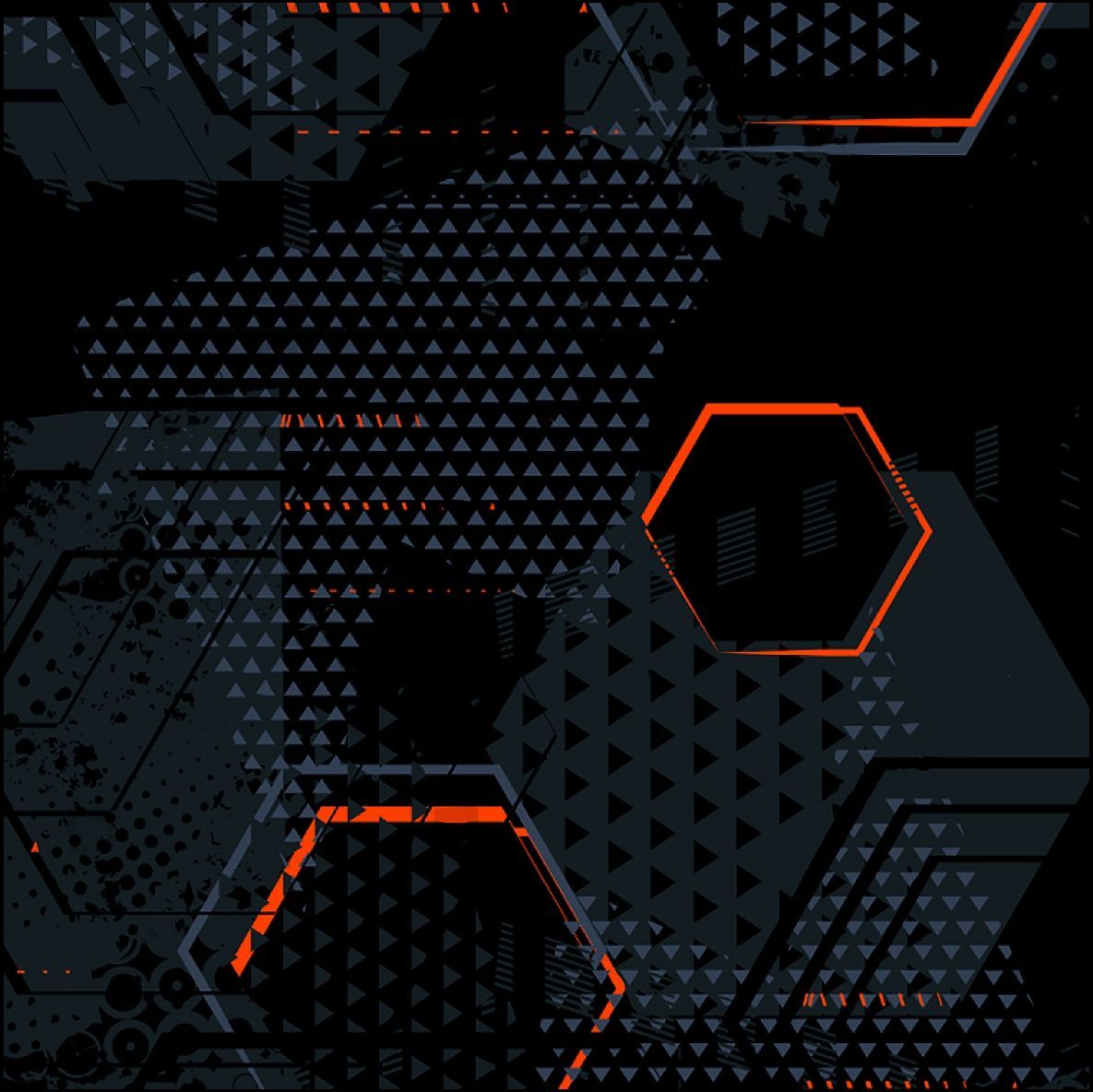 Patrón geométrico abstracto con formas hexagonales y triángulos de color gris oscuro y naranja.