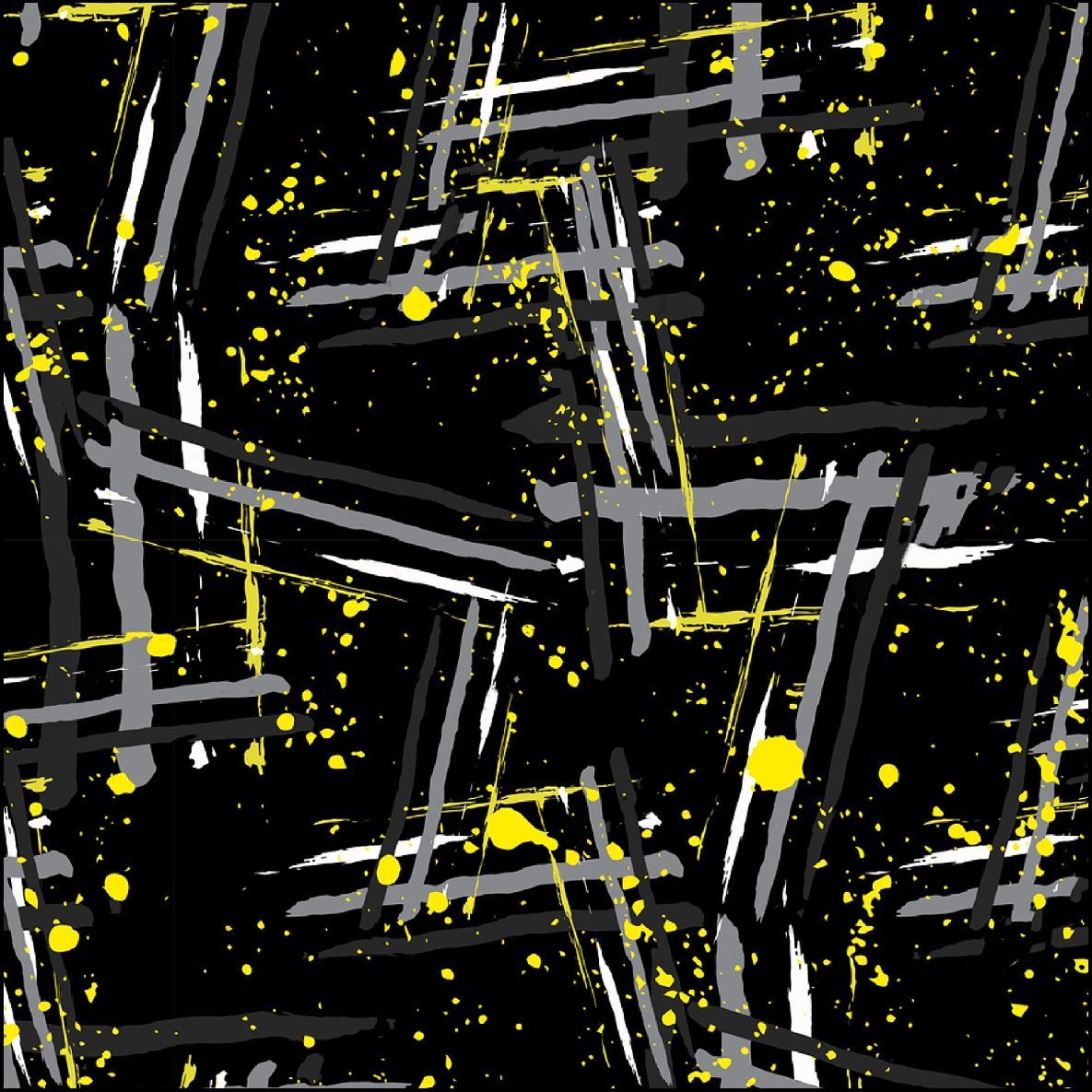 Fondo negro con trazos y salpicaduras superpuestos de color gris, blanco y amarillo.