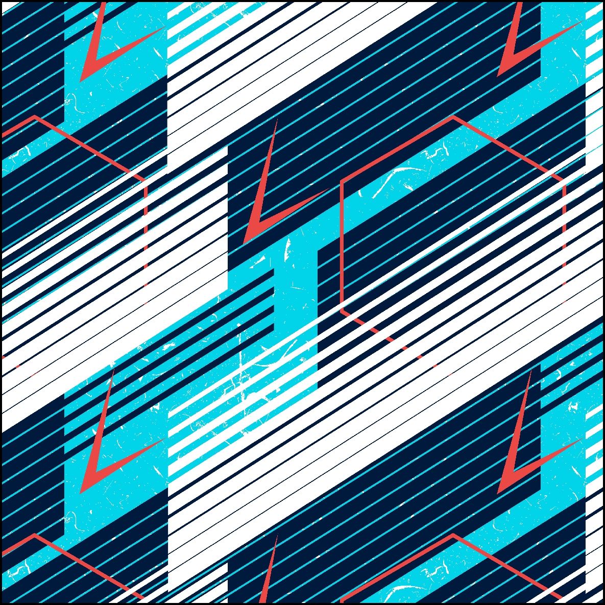 Patrón geométrico con formas azules, blancas y naranjas y líneas diagonales.