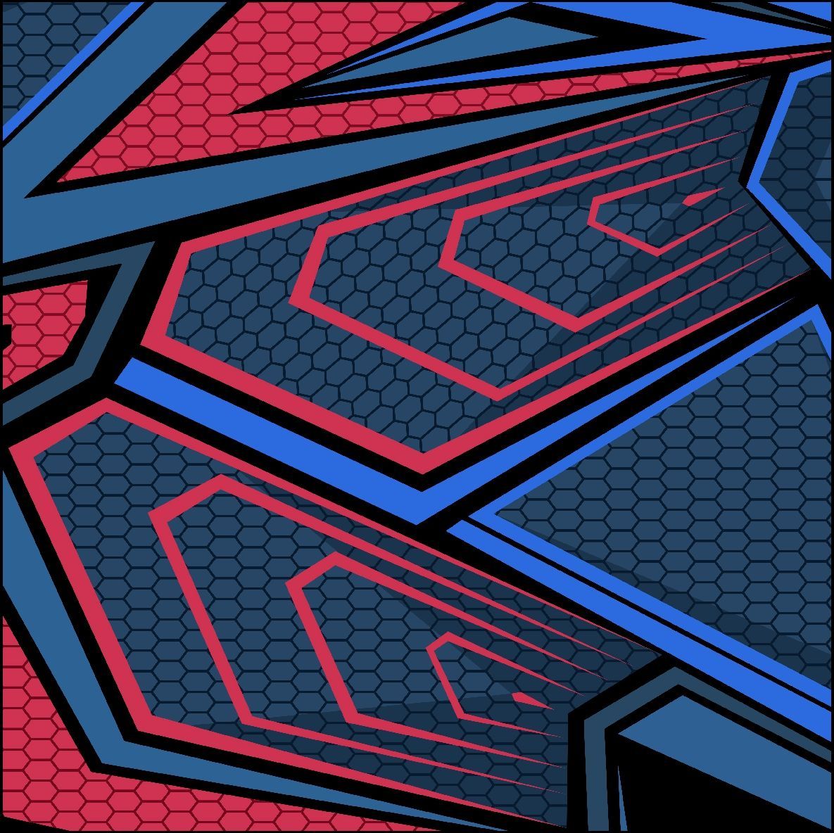 Patrón abstracto con formas geométricas rojas, azules y negras y texturas de panal.