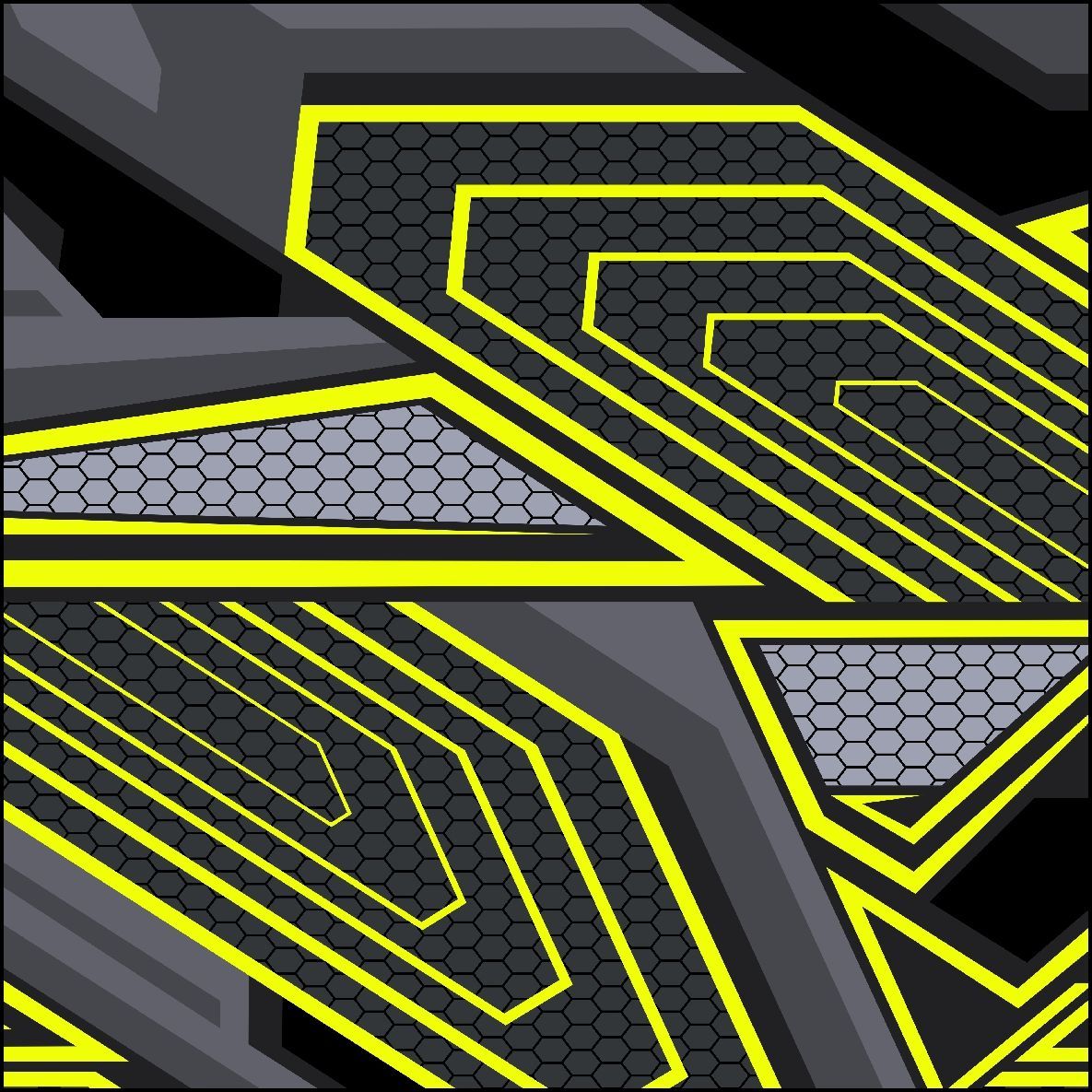 Patrón geométrico abstracto en gris, amarillo y negro.