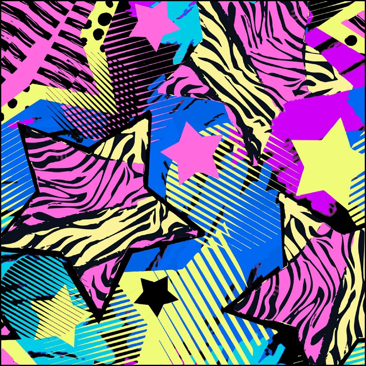 Patrón abstracto con estrellas, rayas de cebra y formas geométricas en colores brillantes.