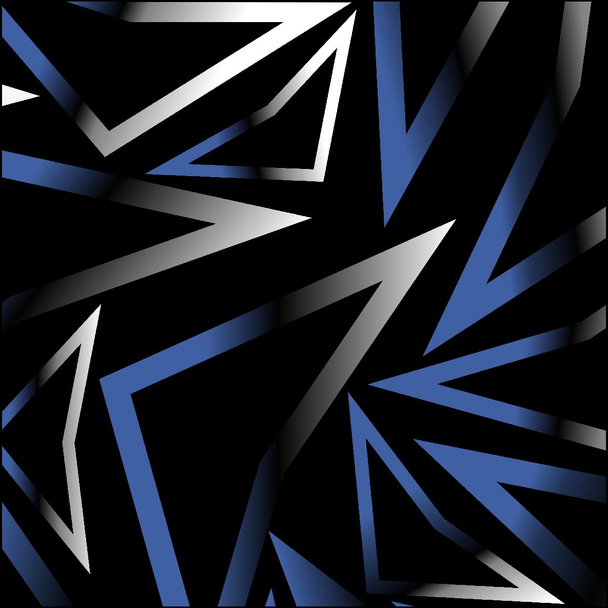 Diseño abstracto con formas angulares plateadas y azules sobre fondo negro.