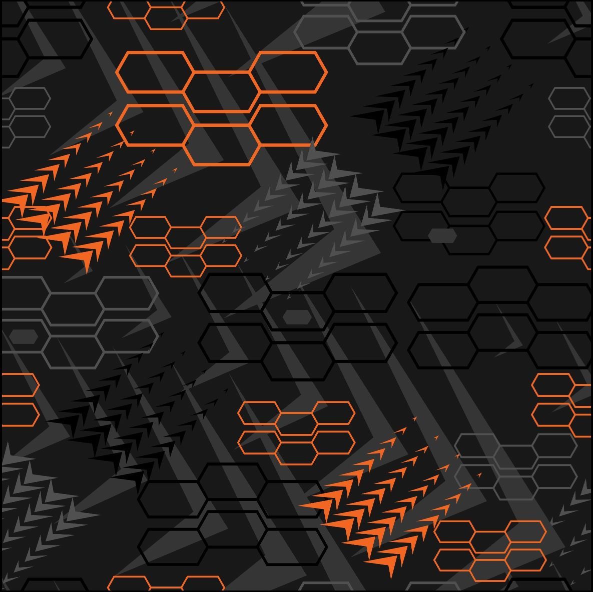 Fondo oscuro con patrones geométricos naranjas y grises de hexágonos y flechas.
