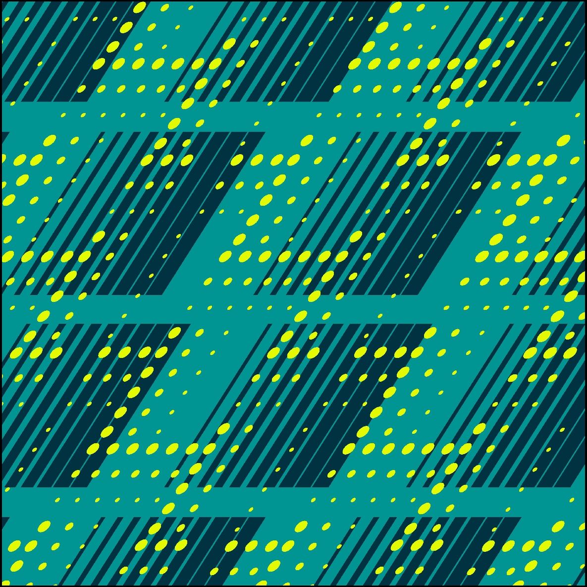 Patrón abstracto verde azulado y azul oscuro con puntos amarillos y líneas diagonales.