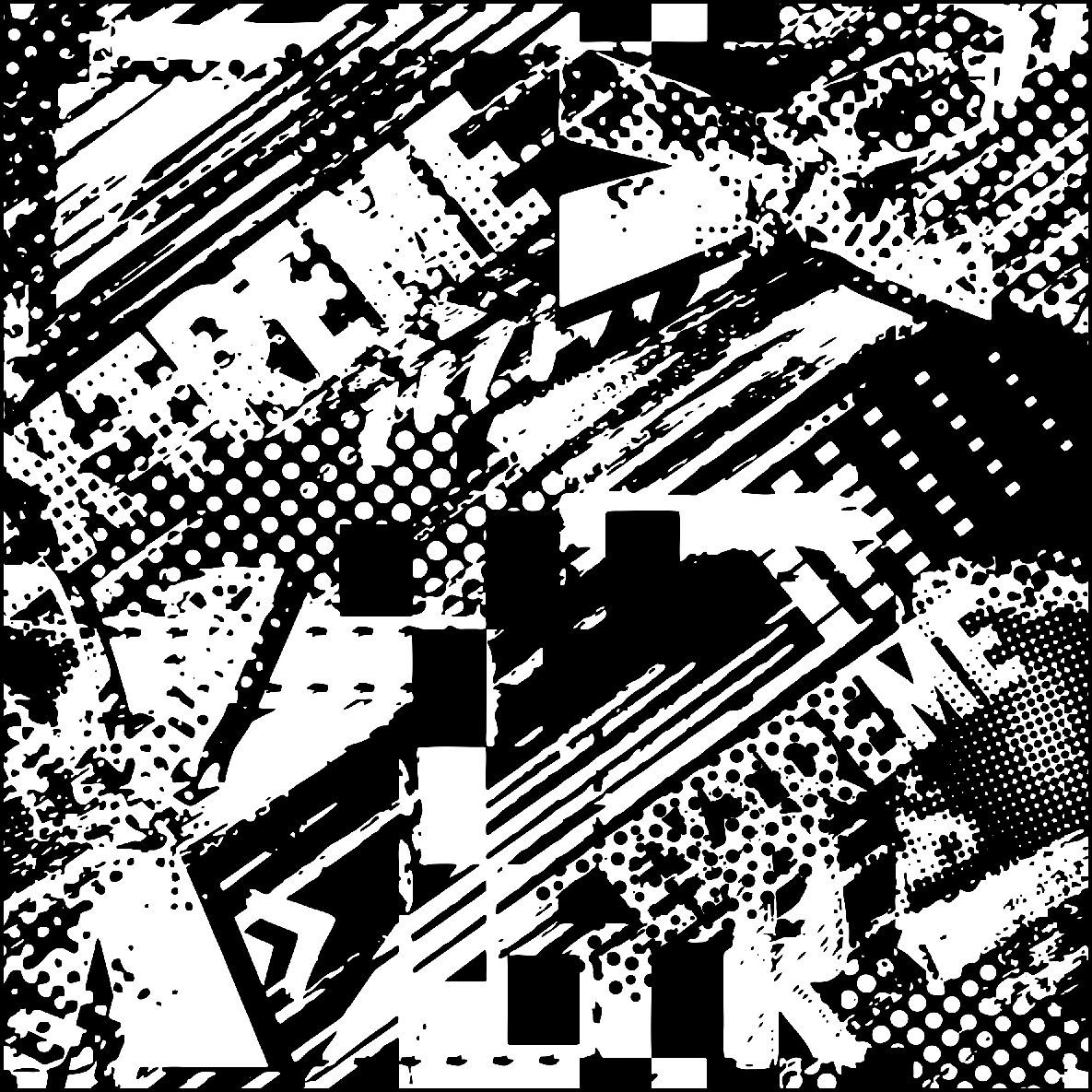 Collage gráfico abstracto en blanco y negro con medios tonos, líneas y fragmentos de texto.