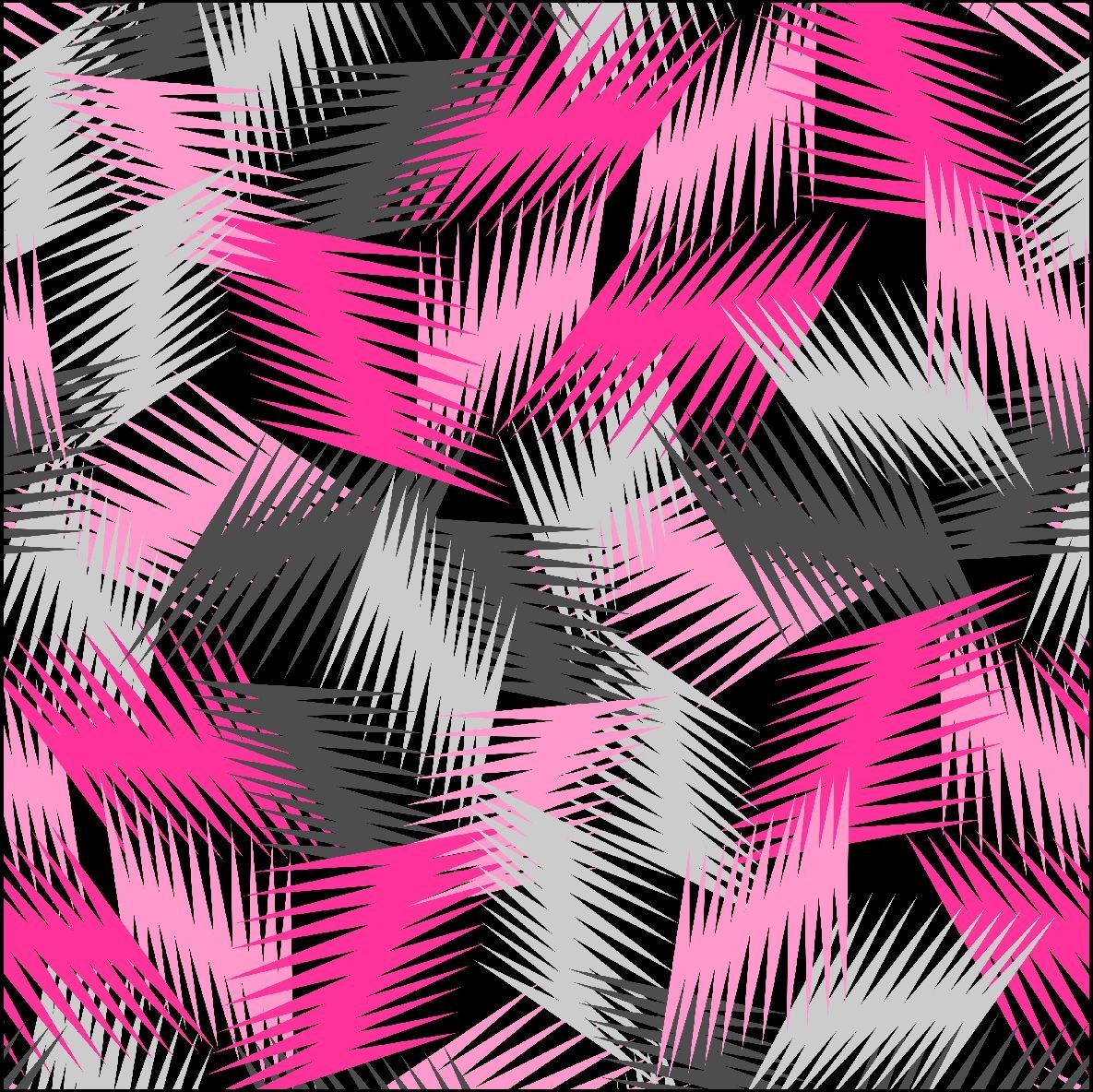 Patrón abstracto de formas puntiagudas superpuestas de color rosa, rosa claro y gris sobre un fondo negro.