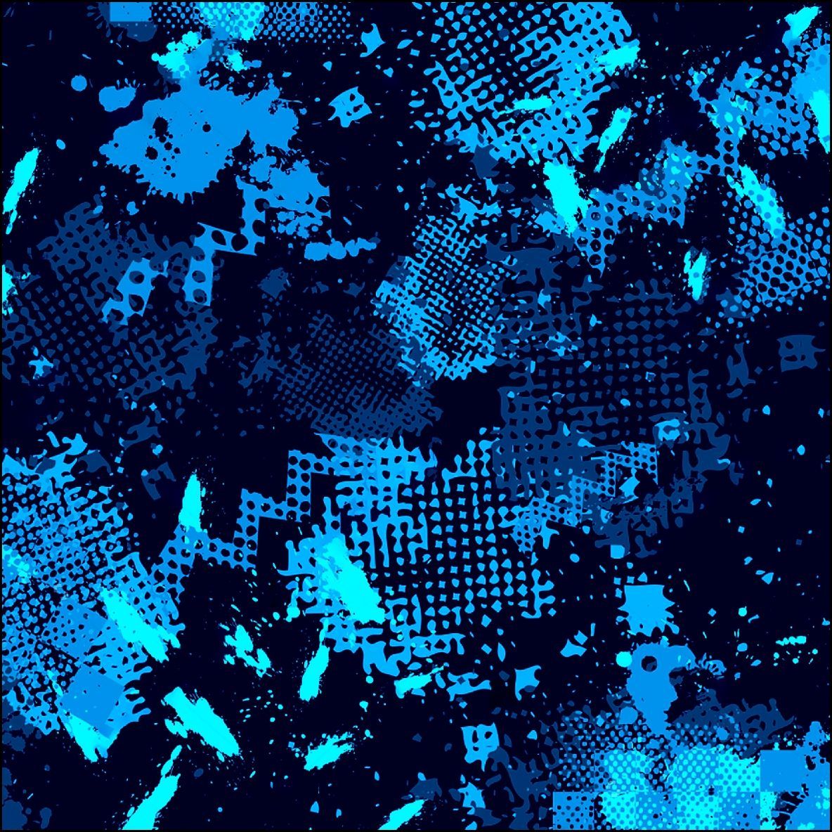Diseño abstracto en tonos azul y cian sobre un fondo azul oscuro; parece texturizado y salpicado.