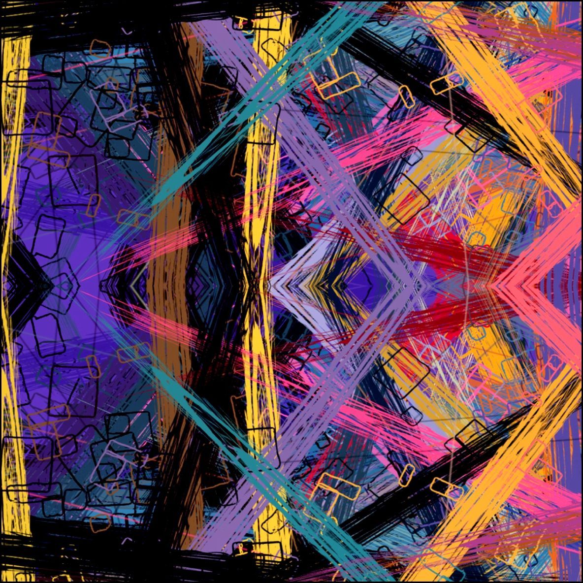 Obra de arte abstracta con pinceladas coloridas simétricas y formas geométricas.