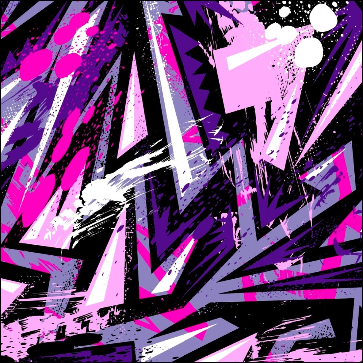 Gráfico abstracto con formas irregulares, salpicaduras y explosiones de color rosa, morado, blanco y negro.