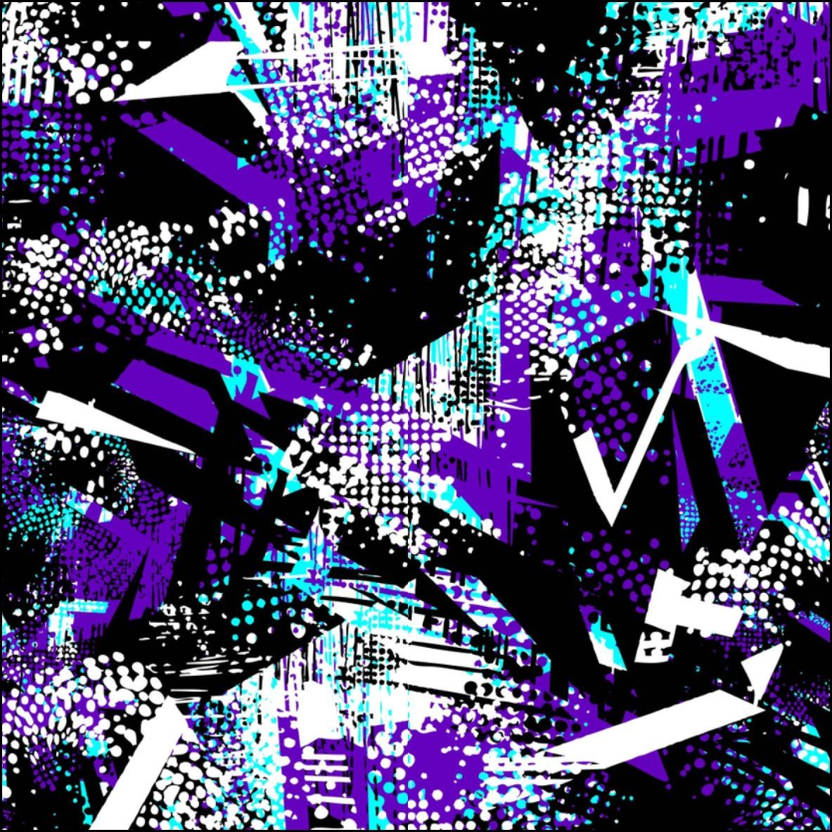 Arte abstracto con formas geométricas en tonos morados, verde azulado, blancos y negros y patrones moteados.