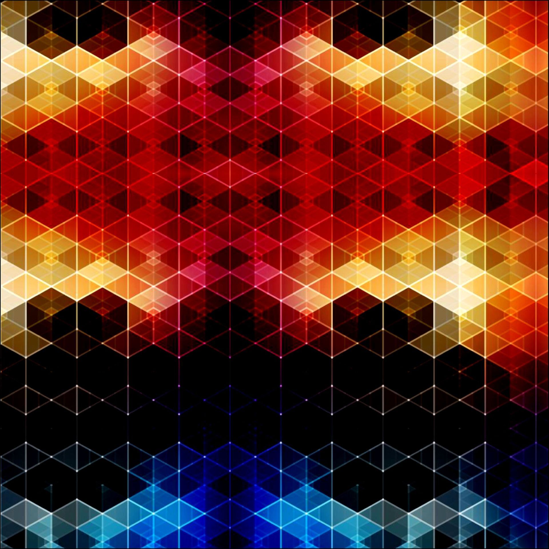 Patrón geométrico abstracto de triángulos interconectados en tonos rojo, naranja, amarillo, azul y negro.