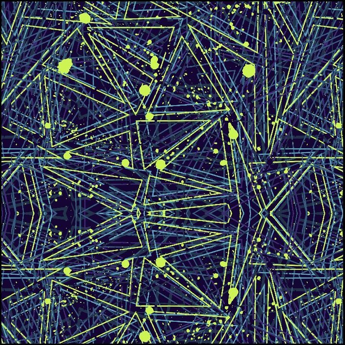 Patrón abstracto de triángulos azules y amarillos superpuestos con puntos dispersos sobre fondo oscuro.