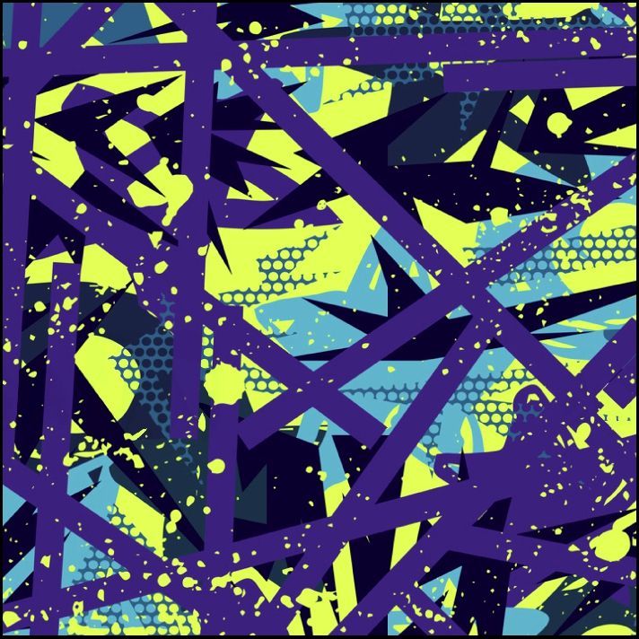 Patrón abstracto con líneas moradas entrecruzadas, formas azules y amarillas y detalles moteados.