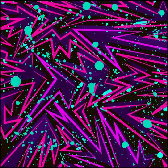 Patrón de neón abstracto: líneas en zigzag de color rosa y salpicaduras de color verde azulado sobre un fondo violeta oscuro.
