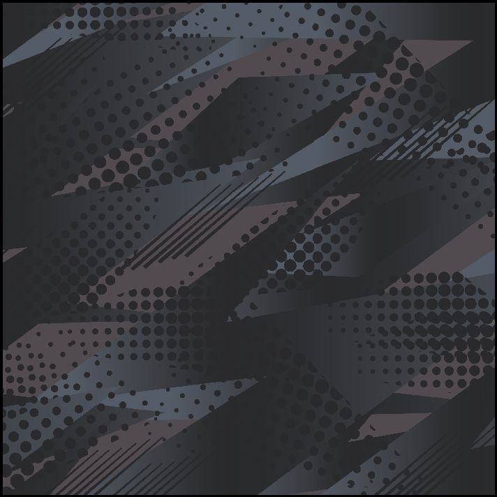 Patrón abstracto oscuro con formas angulares, puntos de semitono y rayas en gris, azul y malva.