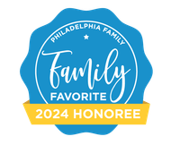 Philadelphia Family Favorite 2024 Honoree badge: blue and yellow with